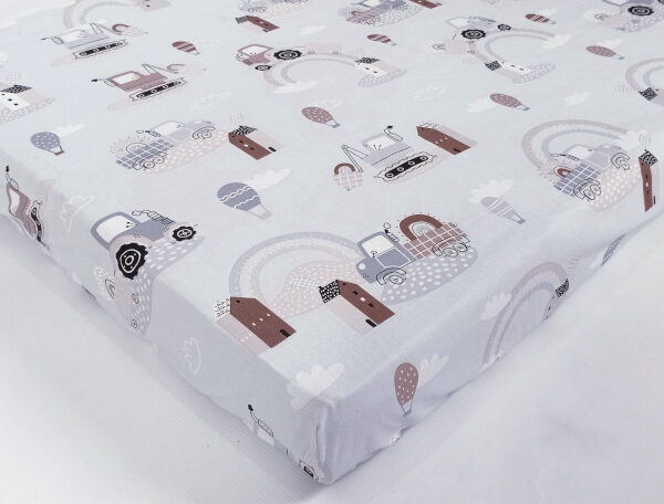 Prześcieradło bawełniane z gumką-Traktorki szare - 60 x 120, Z gumką